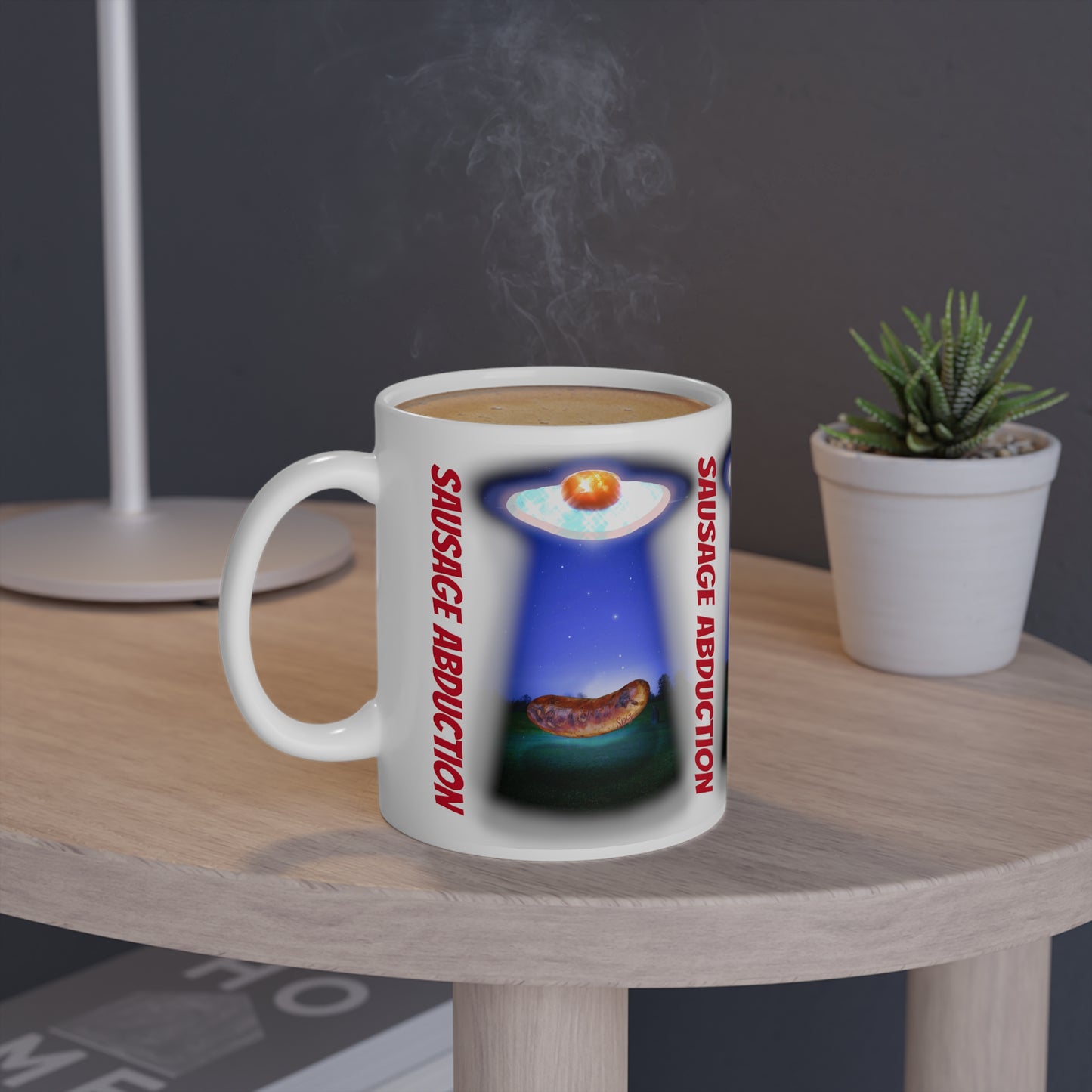 MUG: "Sausage Abduction"  Eggstratterestial activity White Mug, 11oz