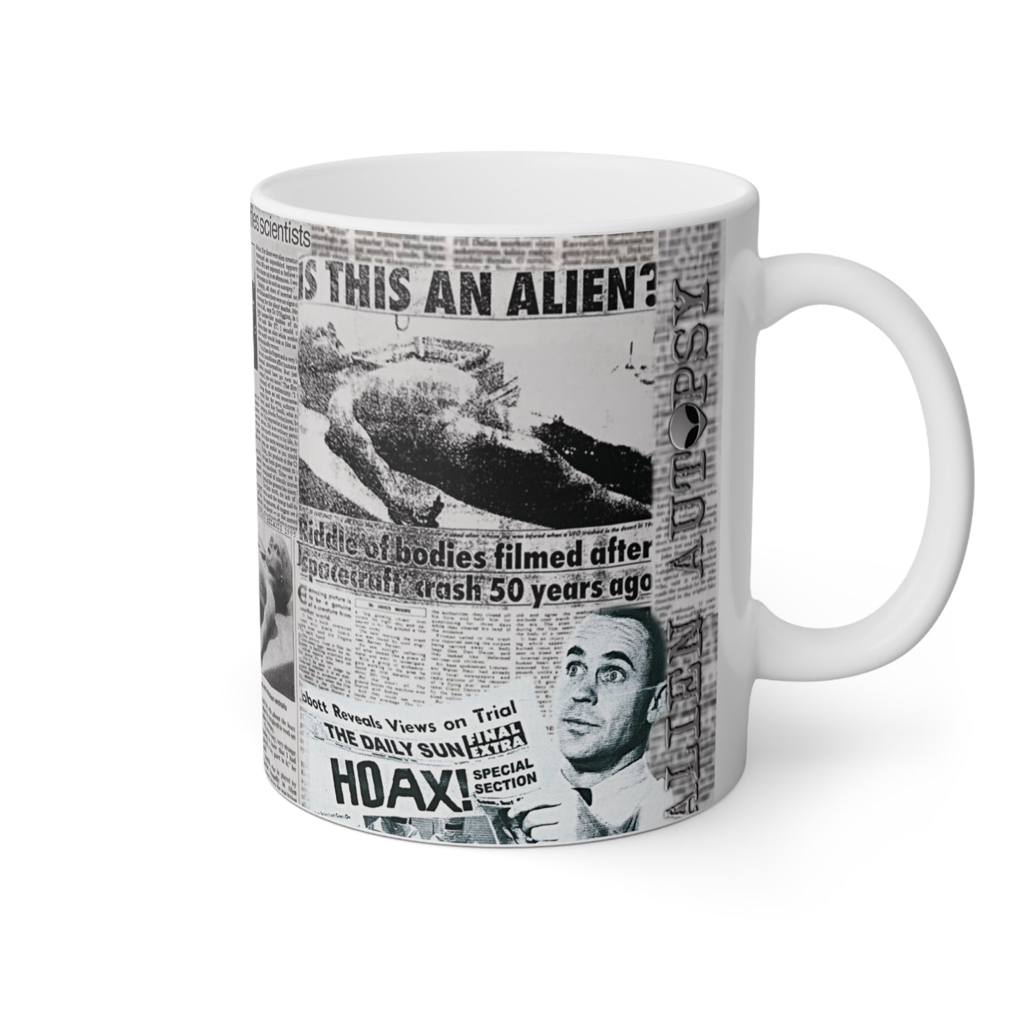 MUG: "Alien Autopsy Newspapers" White Mug, 11oz