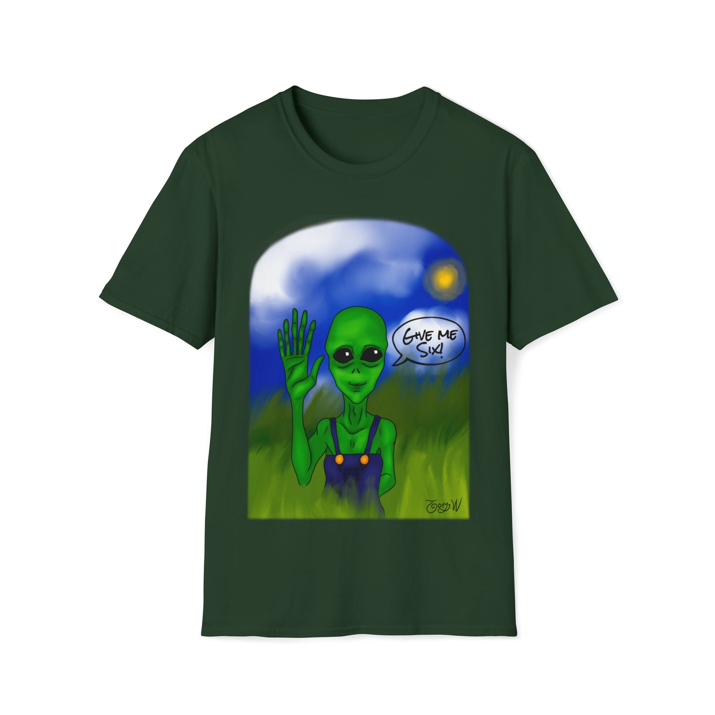 TJ Give Me Six" featuring Watts the friendly Alien - Unisex Softstyle T-Shirt