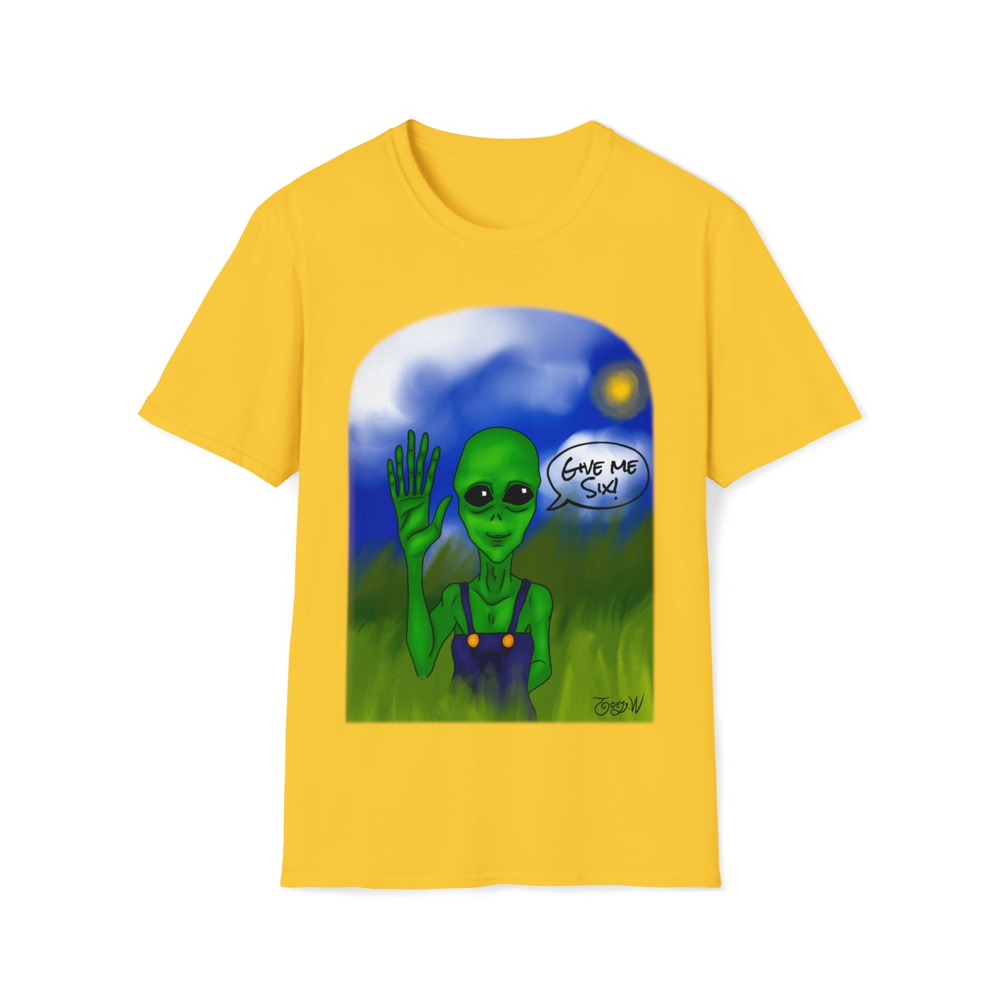 TJ Give Me Six" featuring Watts the friendly Alien - Unisex Softstyle T-Shirt