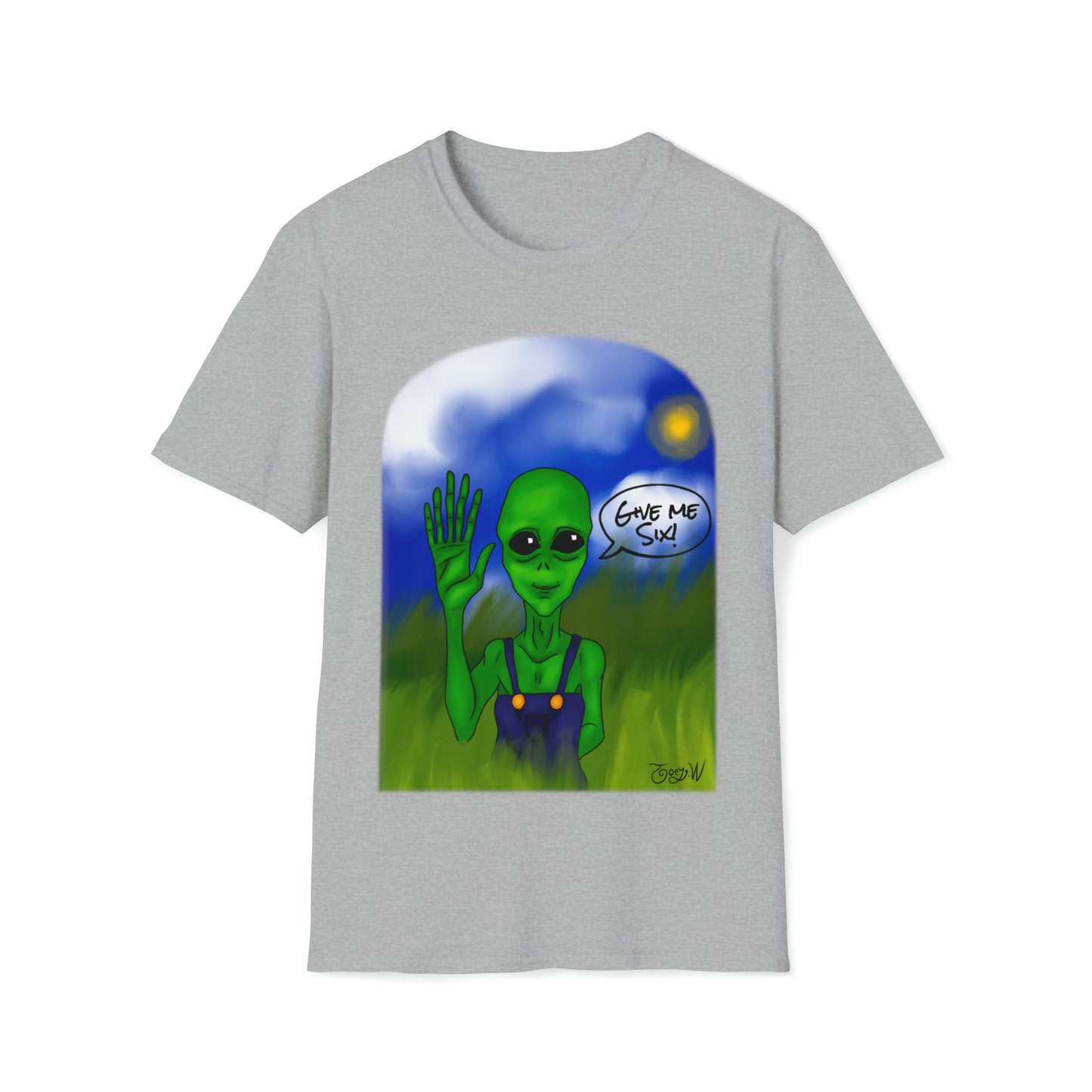 TJ Give Me Six" featuring Watts the friendly Alien - Unisex Softstyle T-Shirt