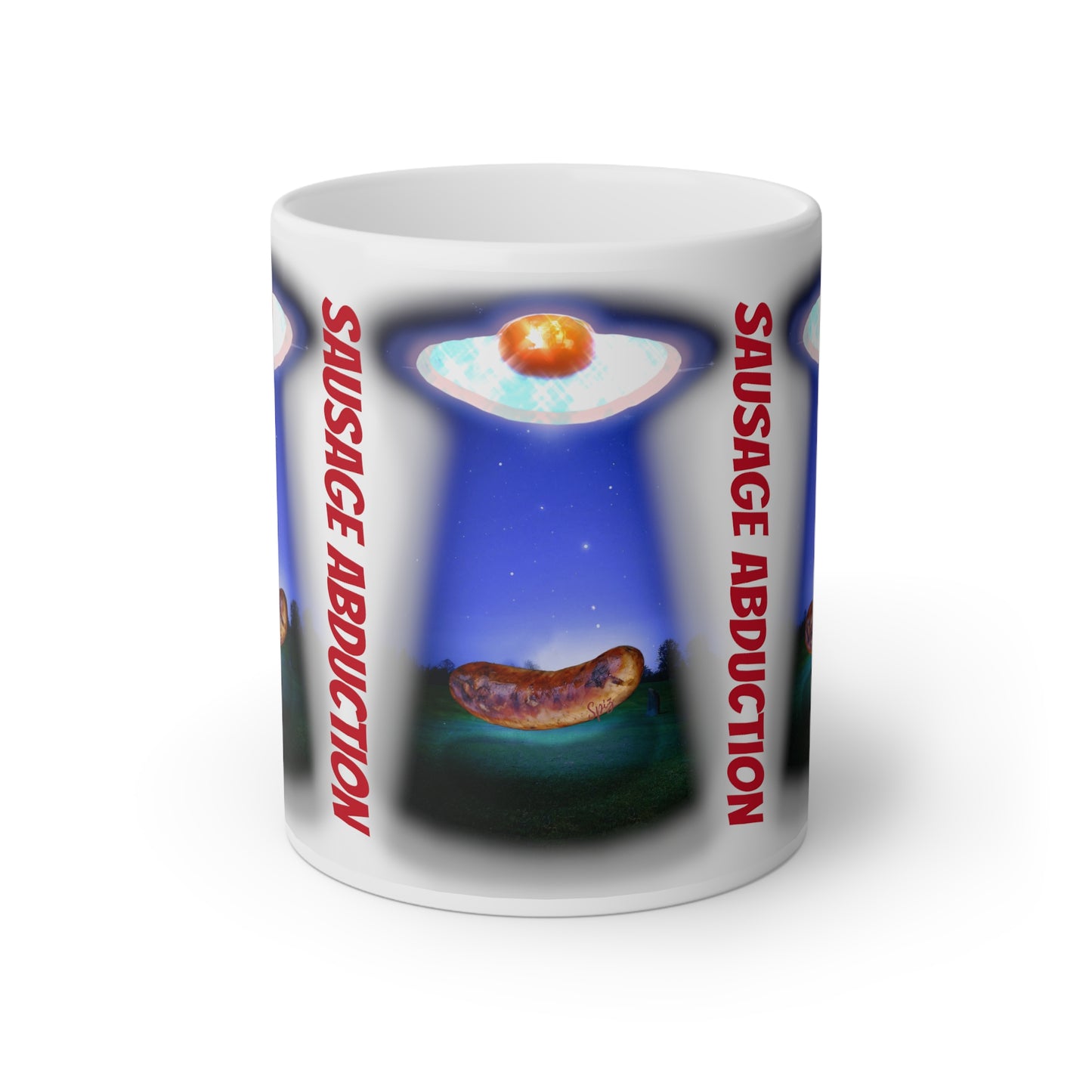 MUG: "Sausage Abduction"  Eggstratterestial activity White Mug, 11oz