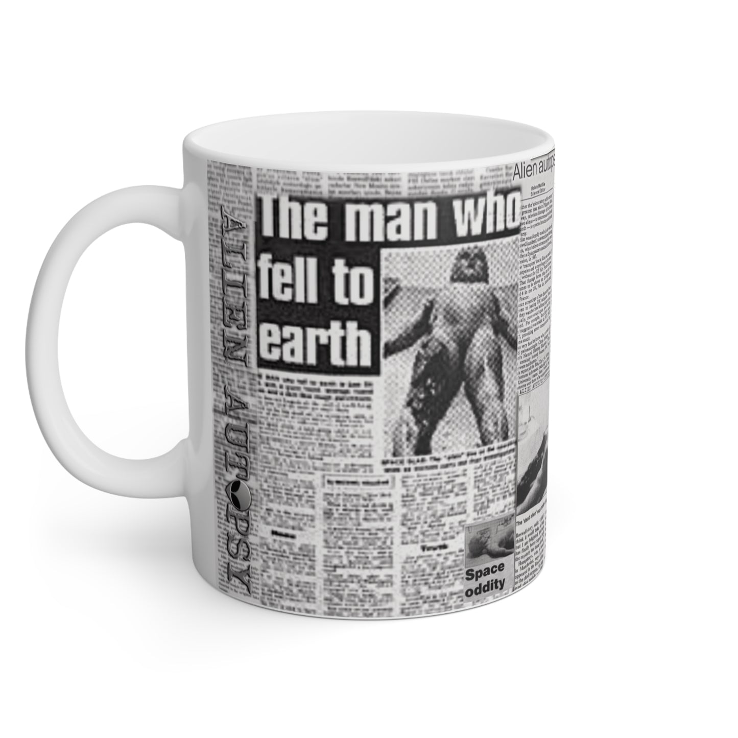 MUG: "Alien Autopsy Newspapers" White Mug, 11oz