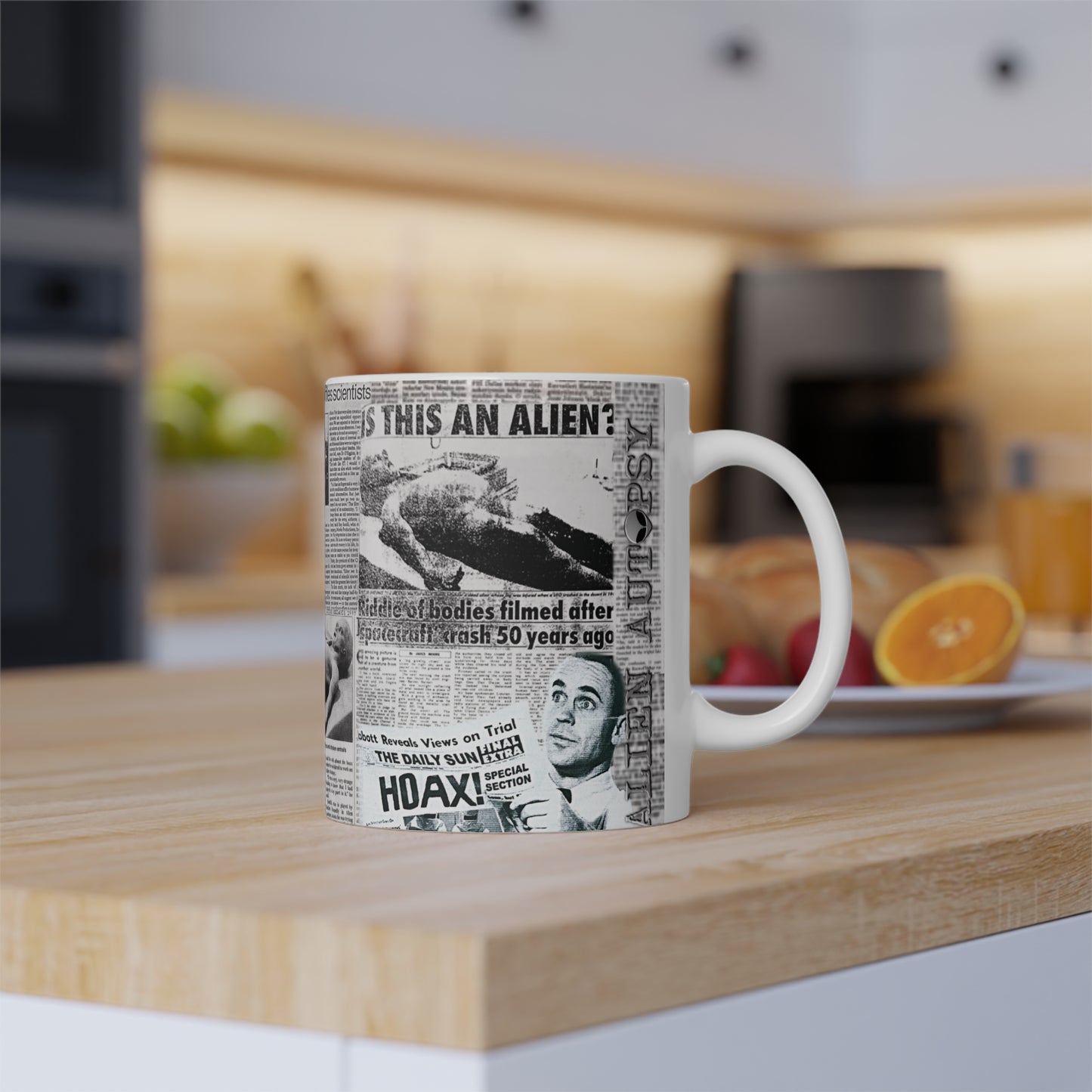 MUG: "Alien Autopsy Newspapers" White Mug, 11oz