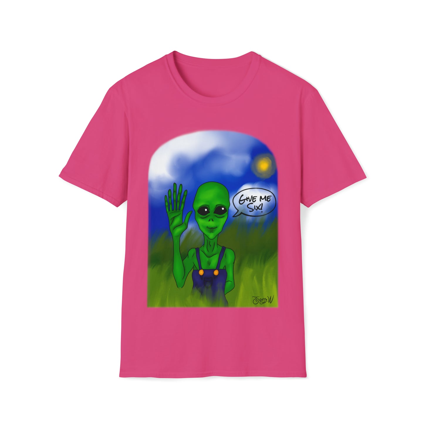 TJ Give Me Six" featuring Watts the friendly Alien - Unisex Softstyle T-Shirt