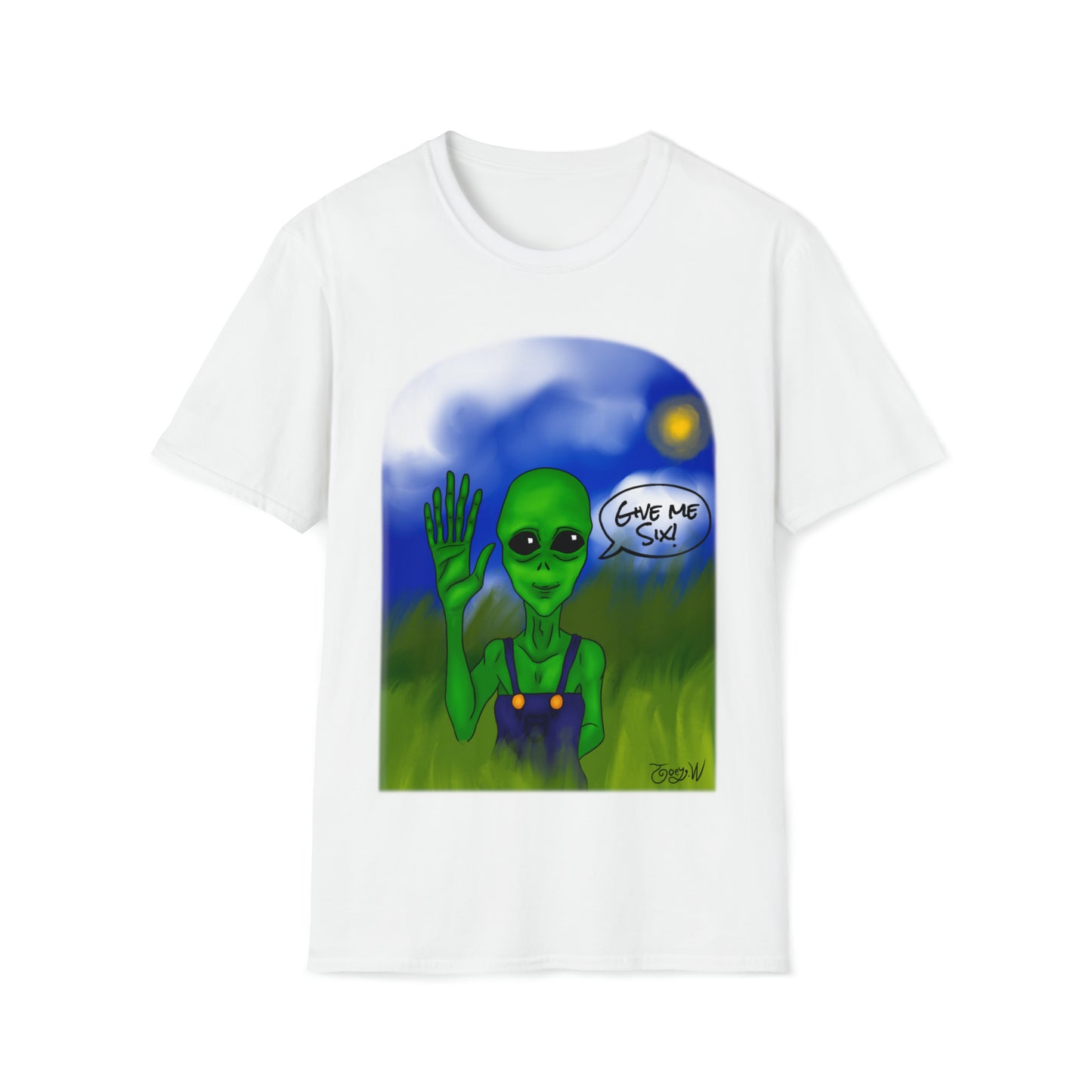 TJ Give Me Six" featuring Watts the friendly Alien - Unisex Softstyle T-Shirt