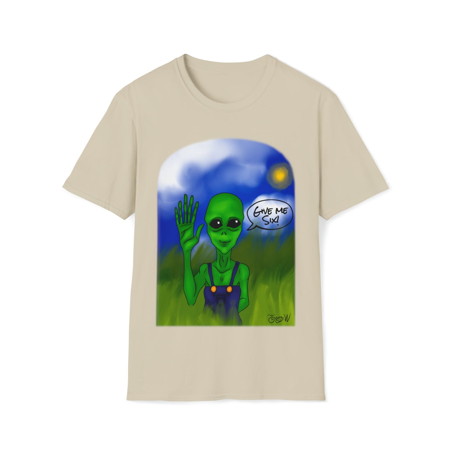 TJ Give Me Six" featuring Watts the friendly Alien - Unisex Softstyle T-Shirt