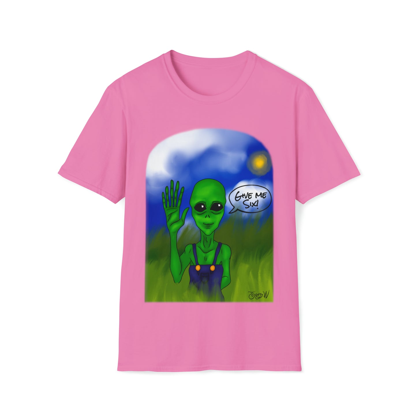 TJ Give Me Six" featuring Watts the friendly Alien - Unisex Softstyle T-Shirt