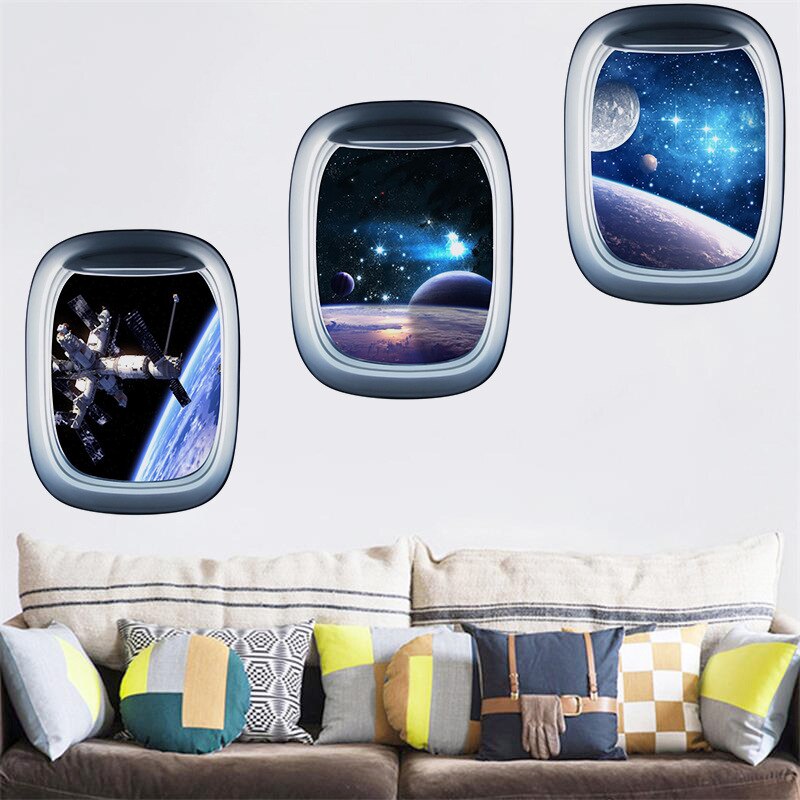 H Space Galaxy Planets 3D Spaceship Porthole Wall sticker Universe Star Wallpaper Waterproof Vinyl Art Mural Decal Kids Room Decoration Pegatinas