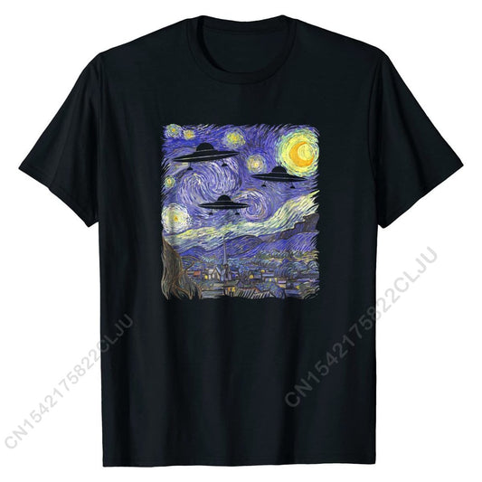 T 'UFO Abduction Starryalien Night' Van Gogh UFO Painting Tee Shirt Casual Tees For Men Women Unisex Cotton T-shirts Newest