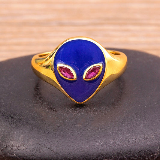 J Alien Finger Ring Alien Shape /UFO Gold Plated 8 Colours for Women Couple Enamel Stackable Finger Ring Adjustable Jewellery