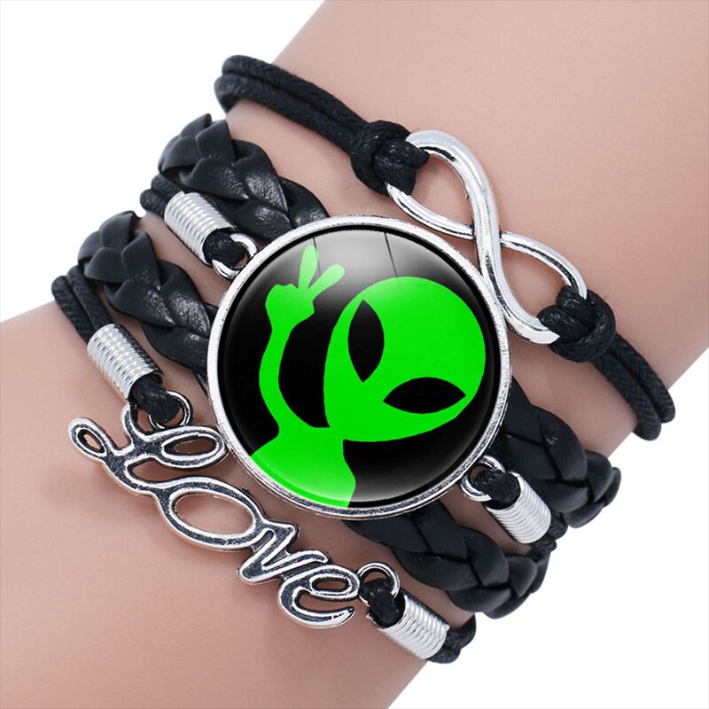 J Green Alien Friendship Leather Bracelet Multilayer  Glass Cabochon Bangle Bracelets Handmade Children's Gifts