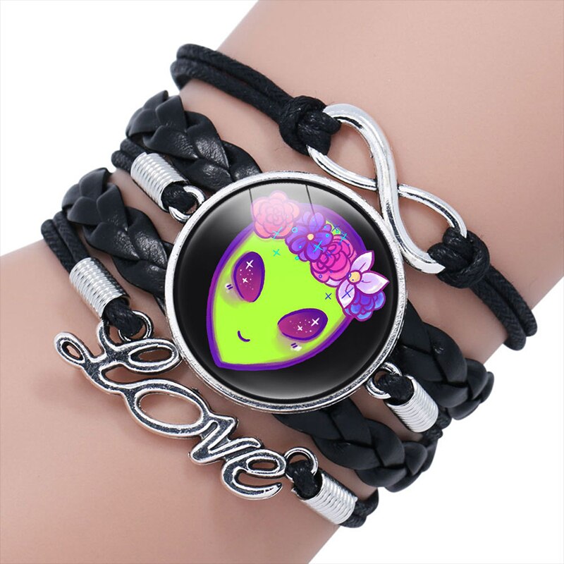 J Green Alien Friendship Leather Bracelet Multilayer  Glass Cabochon Bangle Bracelets Handmade Children's Gifts