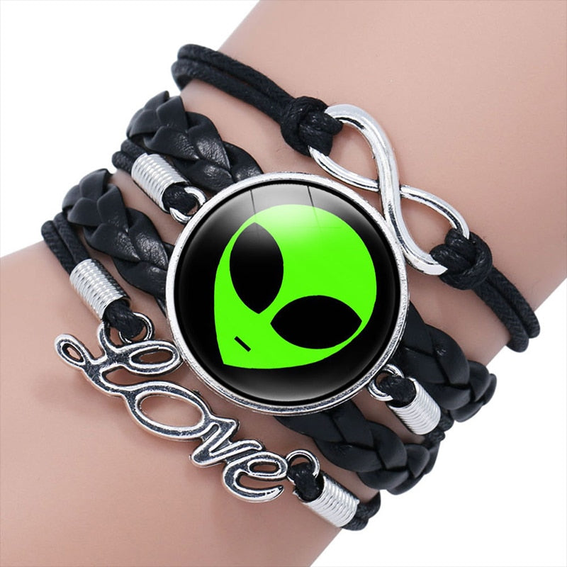 J Green Alien Friendship Leather Bracelet Multilayer  Glass Cabochon Bangle Bracelets Handmade Children's Gifts