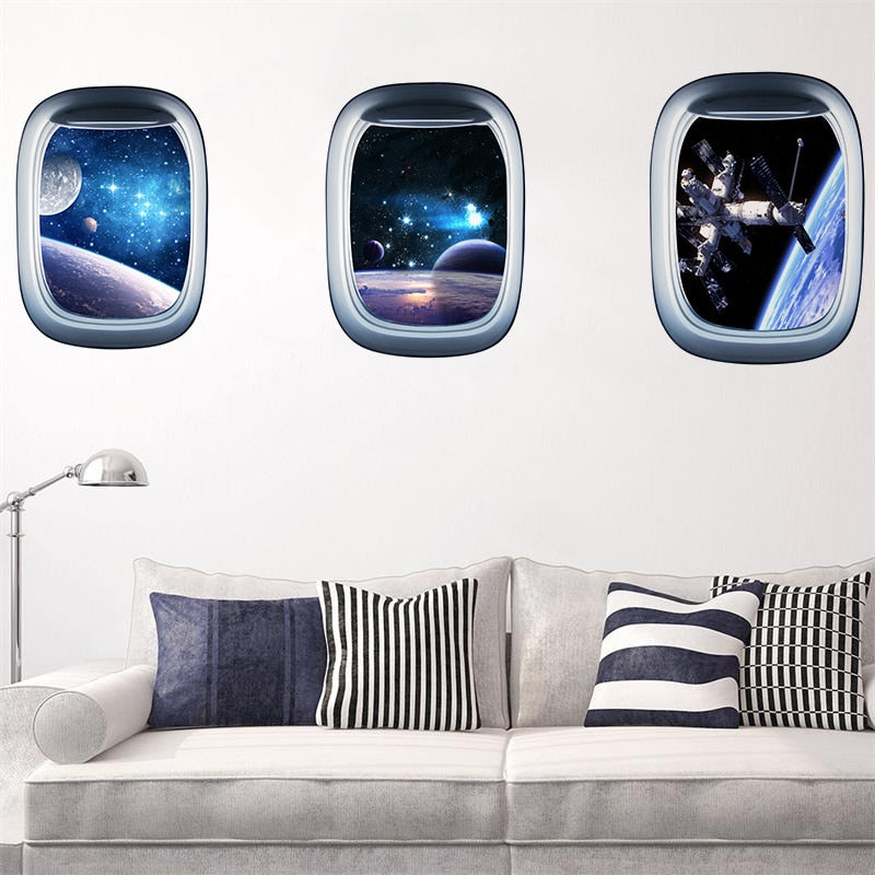 H Space Galaxy Planets 3D Spaceship Porthole Wall sticker Universe Star Wallpaper Waterproof Vinyl Art Mural Decal Kids Room Decoration Pegatinas