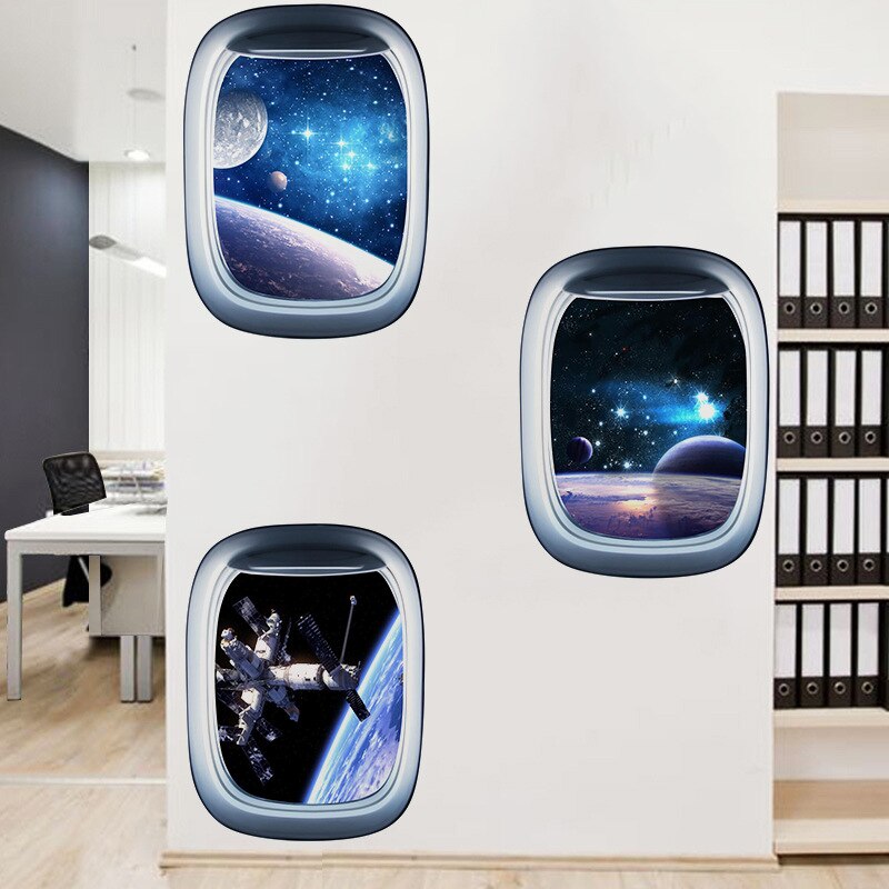 H Space Galaxy Planets 3D Spaceship Porthole Wall sticker Universe Star Wallpaper Waterproof Vinyl Art Mural Decal Kids Room Decoration Pegatinas