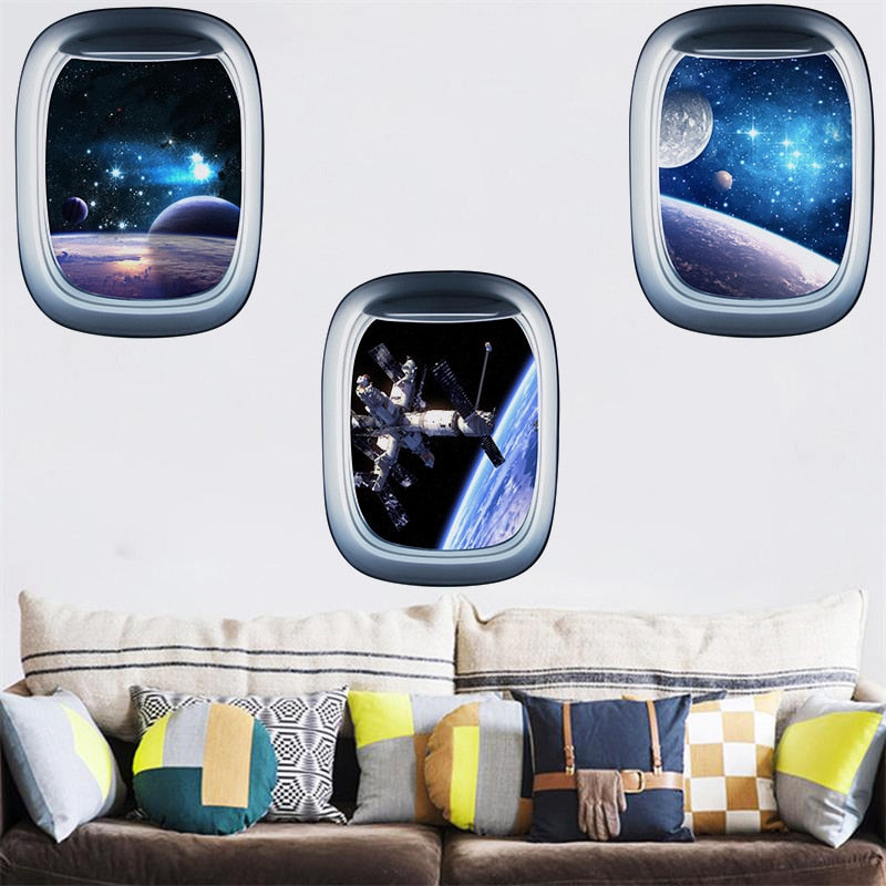 H Space Galaxy Planets 3D Spaceship Porthole Wall sticker Universe Star Wallpaper Waterproof Vinyl Art Mural Decal Kids Room Decoration Pegatinas