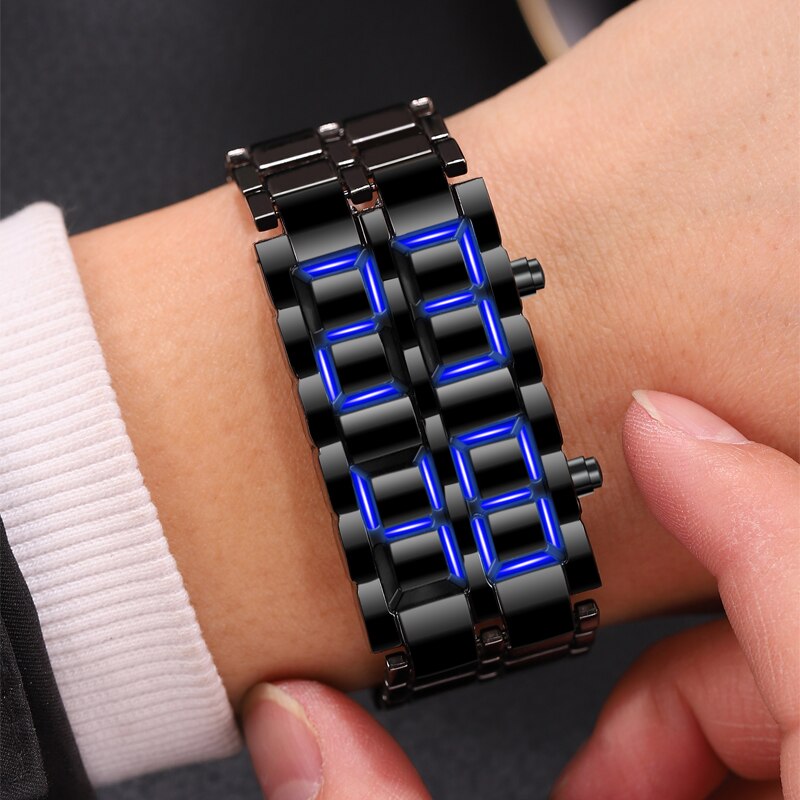 W Alien Lava Digital Blue Bracelet Watch LED Display Wrist Watch Full Metal Unisex Watches Gifts Space Age Sport Creative Clock