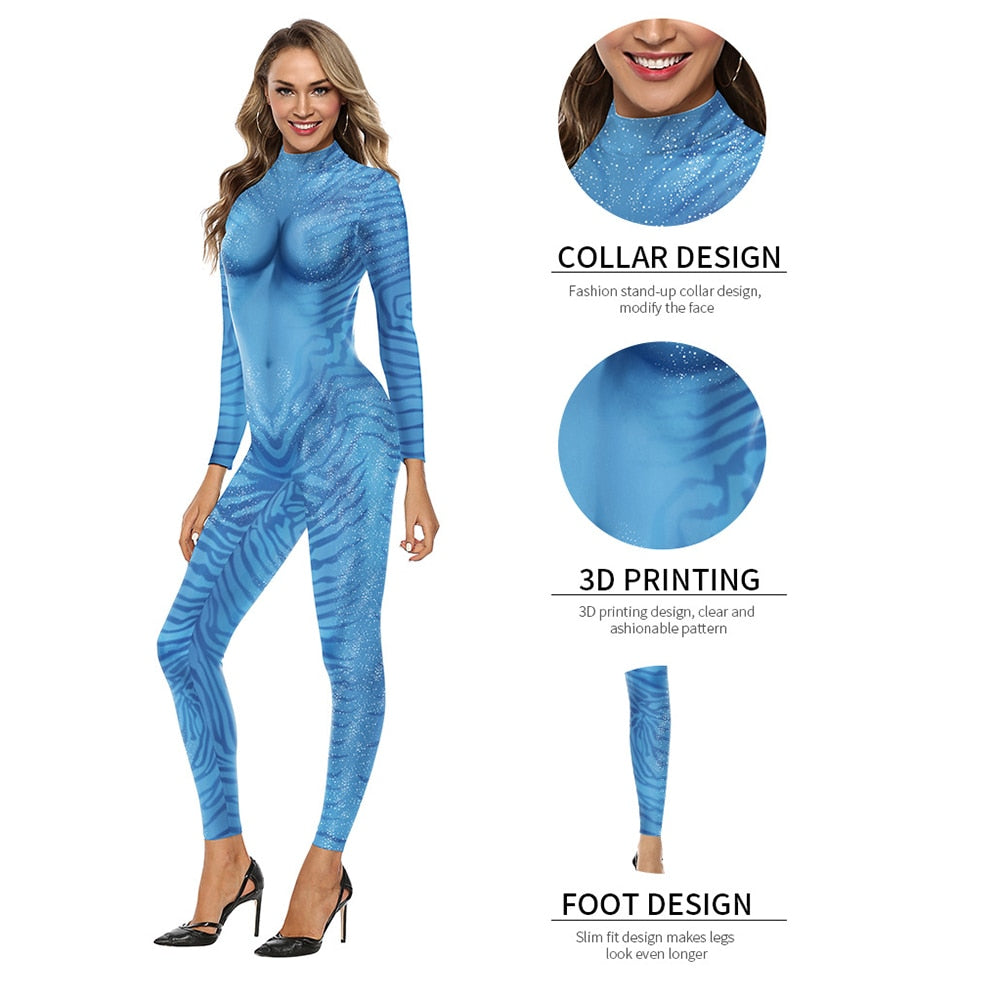 C Avatar Movie The Way of Water Alien Cosplay 3D Jumpsuit Women Men Avatar Cosplay Costume Halloween Zenti Party Bodysuit