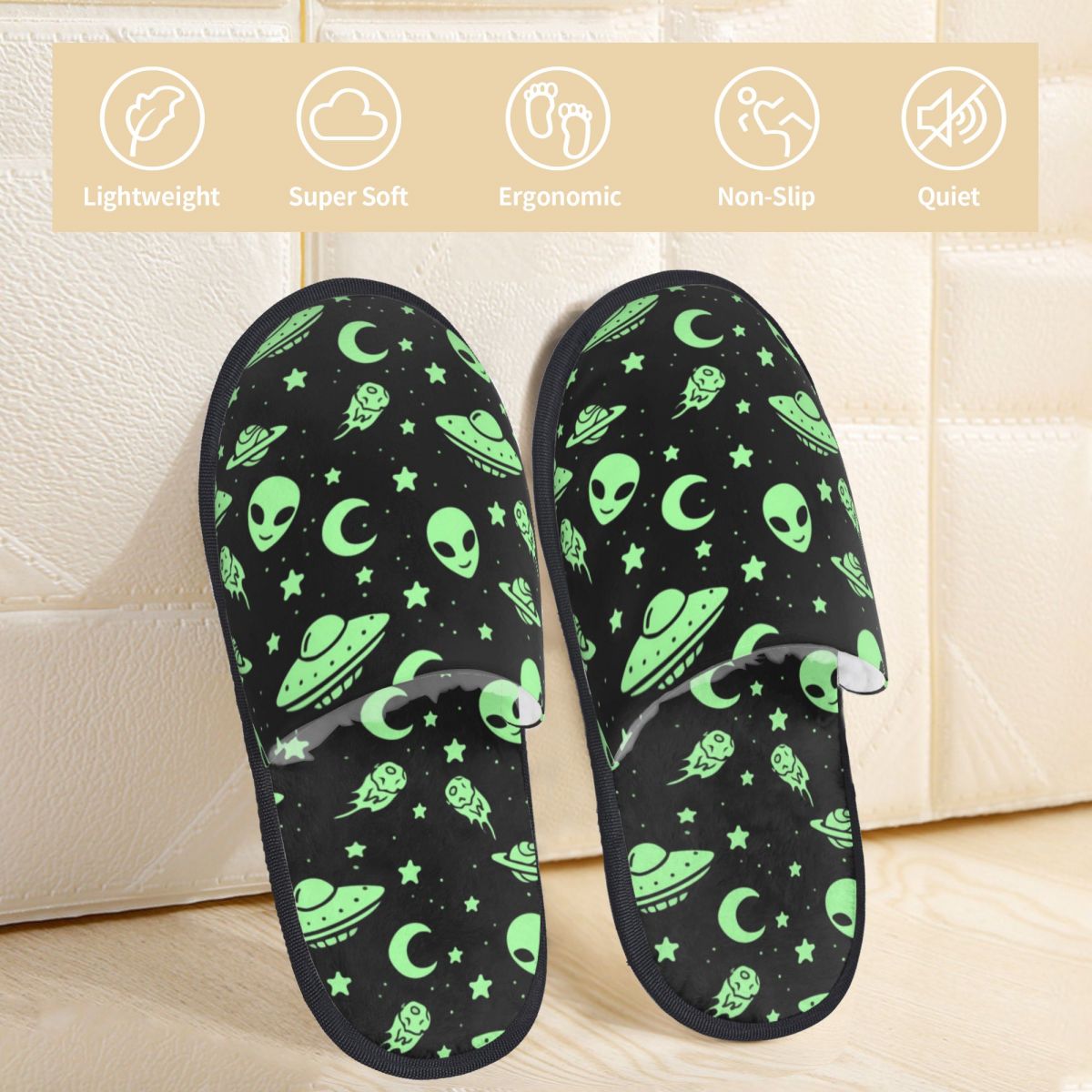 F MOON WALKER GREEN ALIEN unisex Slippers UFO Moon Warm Winter Home Plush Slippers Fashion Home Soft Fluffy Slippers