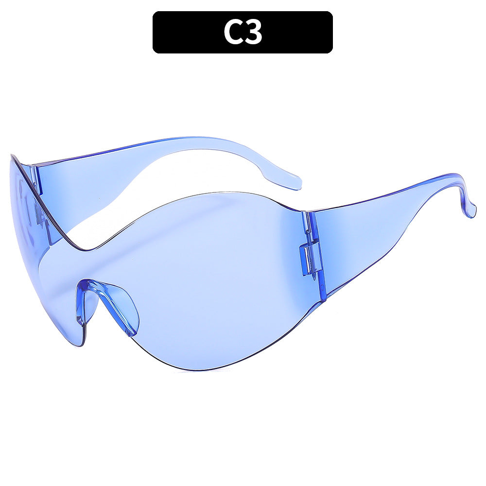 1E Alien Look Rimless One-piece Sunglasses Futuristic and Super Fashionable